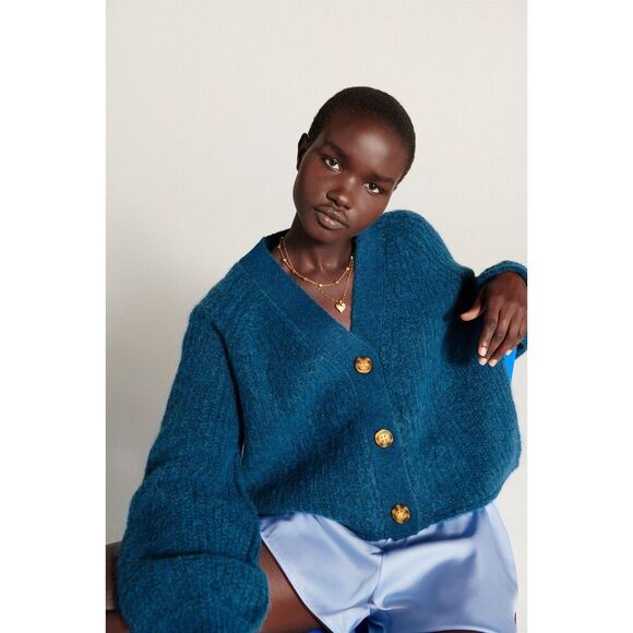 Teal Blue Zara Chunky Knit Button Front V-Neck Cardigan Sweater (NWT) - Picture 6 of 13